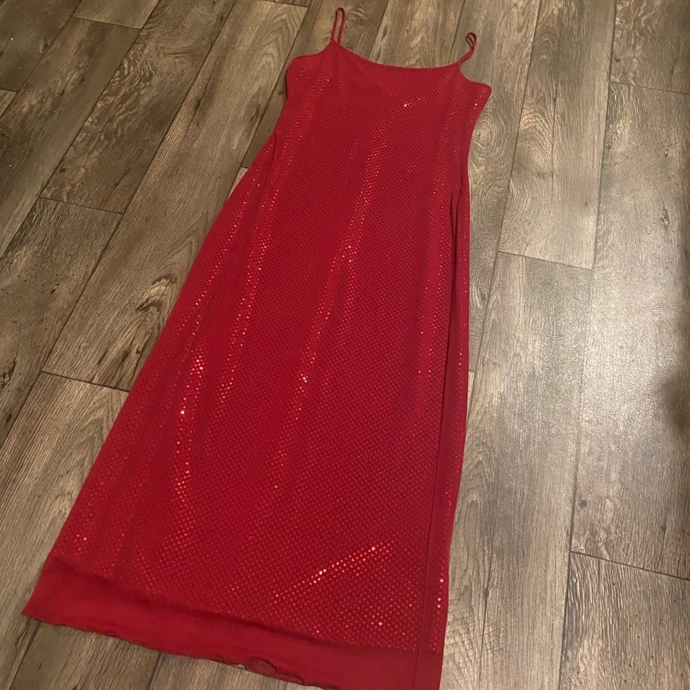 Heart & Soul Red Sequin Bodycon Gown Maxi Dress Spaghetti Strap Large - Picture 3 of 8